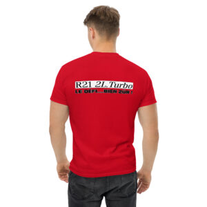 Ce t-shirt rend hommage à la légendaire Renault 21 Turbo. À l'avant, côté cœur, et en grand dans le dos, retrouvez le logo R21 2L TURBO, accompagné du slogan "Le défi... bien zûr !", emblématique de la publicité de l'époque. Un design unique pour les passionnés de cette icône des années 80-90, disponible en exclusivité sur Shopnetwork Racing !