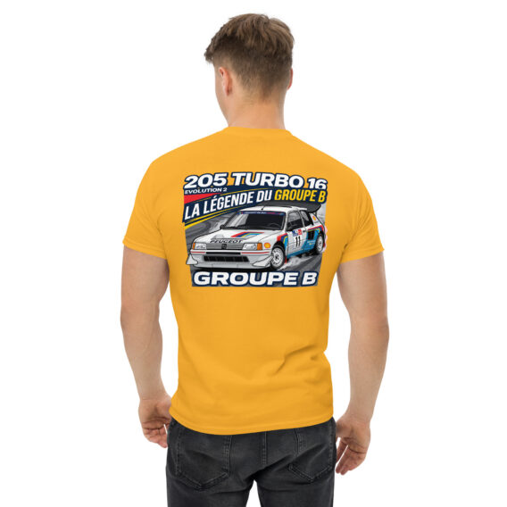unisex-classic-tee-gold-back-6a5501d6c0920.jpg T-shirt Peugeot 205 Turbo 16 – La légende du Groupe B