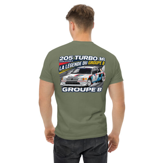 unisex-classic-tee-military-green-back-6a5501d6a6eea.jpg T-shirt Peugeot 205 Turbo 16 – La légende du Groupe B