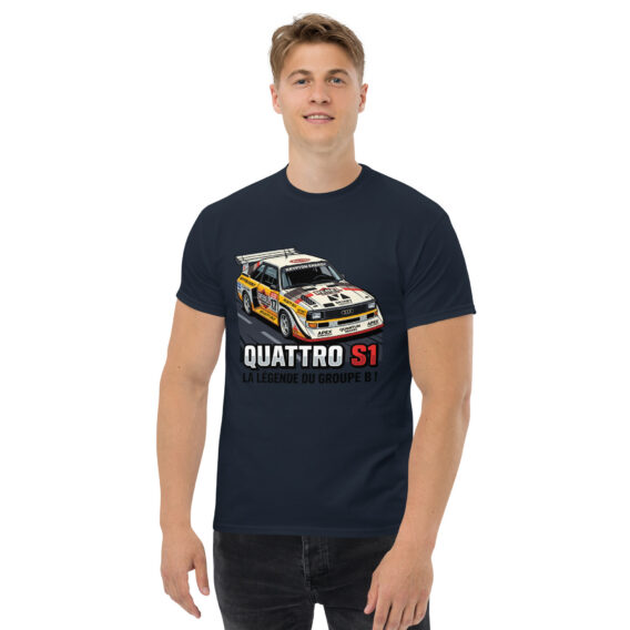 unisex-classic-tee-navy-front-6a5503648251b.jpg T-shirt Audi quattro S1 – La légende du Groupe B