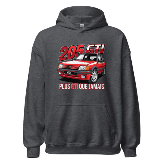 205 GTI “Plus GTI que jamais” hoodie – Dark heather grey, front view