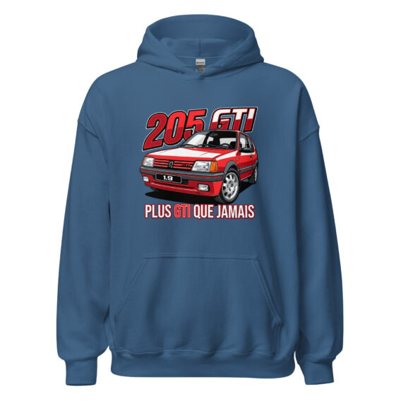 205 GTI “Plus GTI que jamais” hoodie – Indigo blue, front view