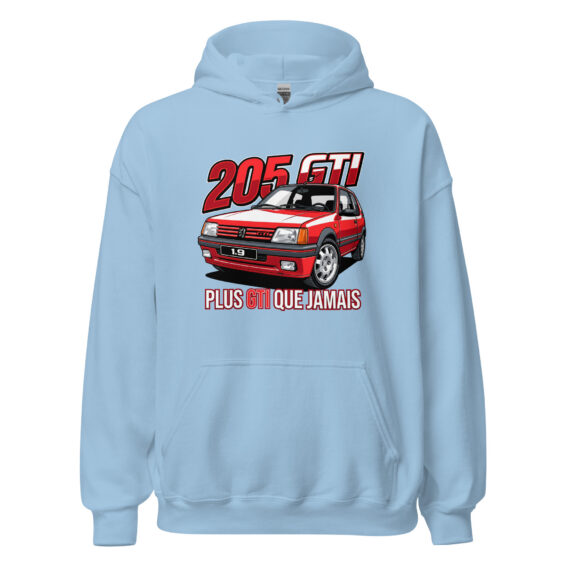 205 GTI “Plus GTI que jamais” hoodie – Light blue, front view
