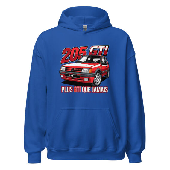 205 GTI “Plus GTI que jamais” hoodie – Royal blue, front view